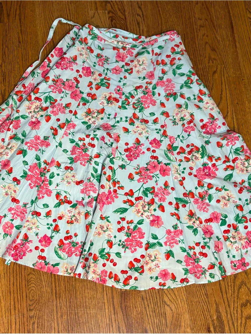 Ann Taylor Mint Wrap Skirt with Pink Floral & Red Cherry Print